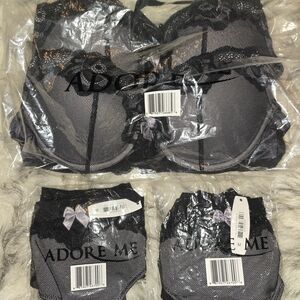 Adore Me Black and Gray Lace Bra Set